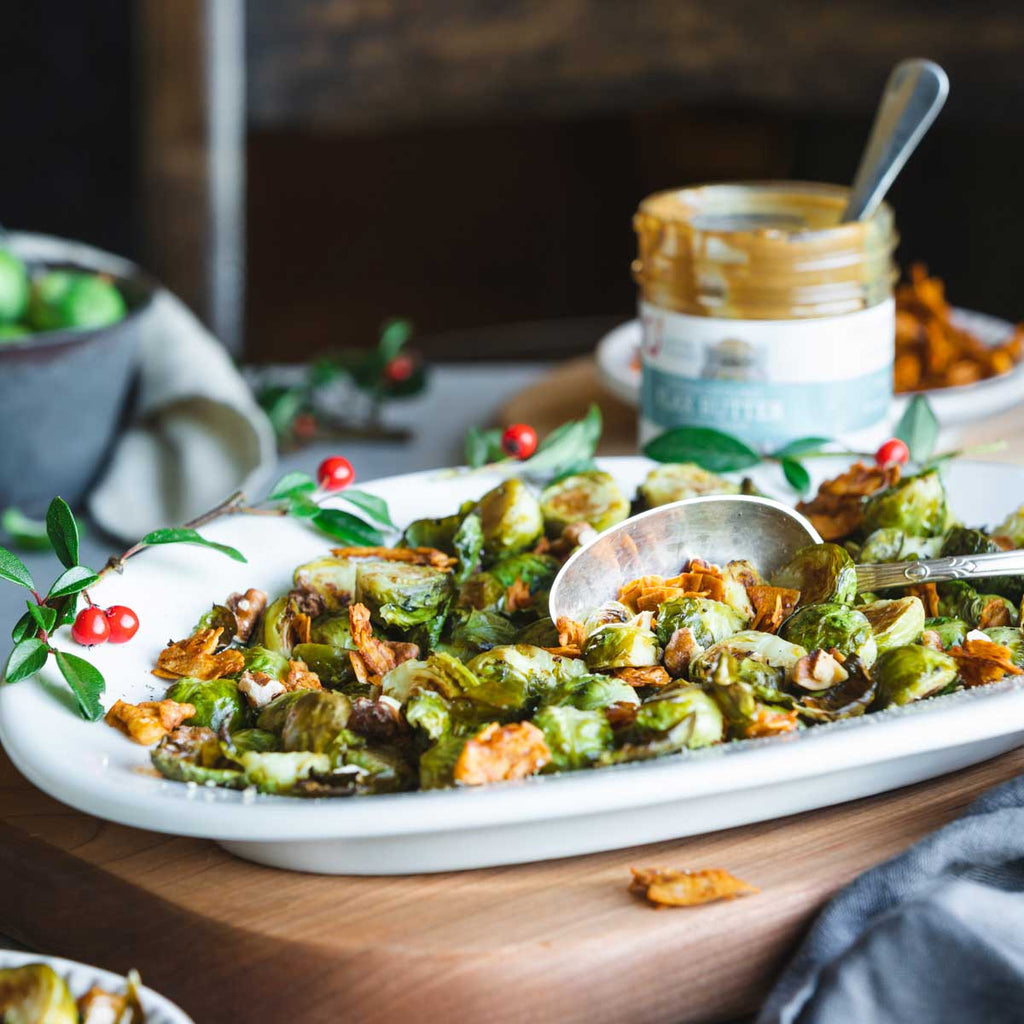 Brussel Sprouts with Flax Butter & Vegan Bacon